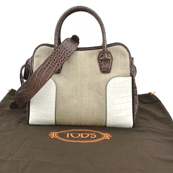 Auth TOD’S Handbag Shoulder Bag Brown/White Embossed Leather/Canvas - Picture 2 of 13